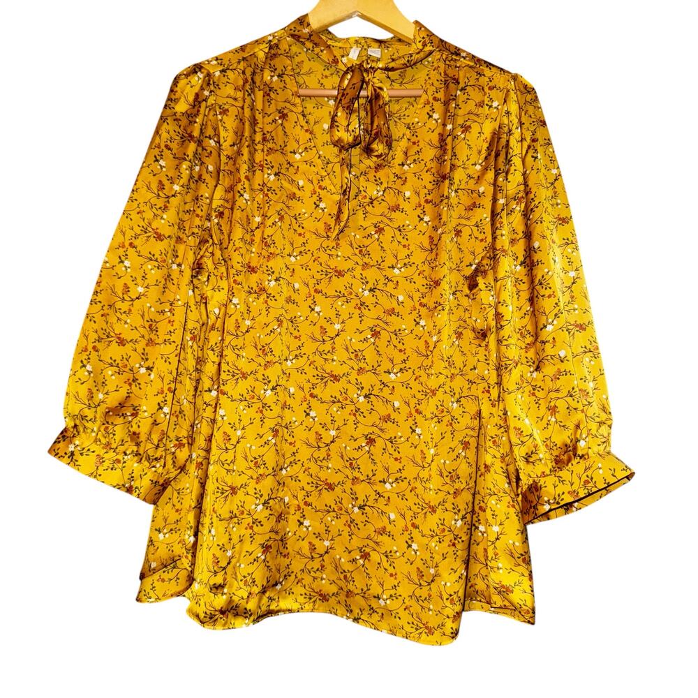 Cato Satin Cottage Floral Blouse French Style Neck Tie Women's 14/16W Feminine